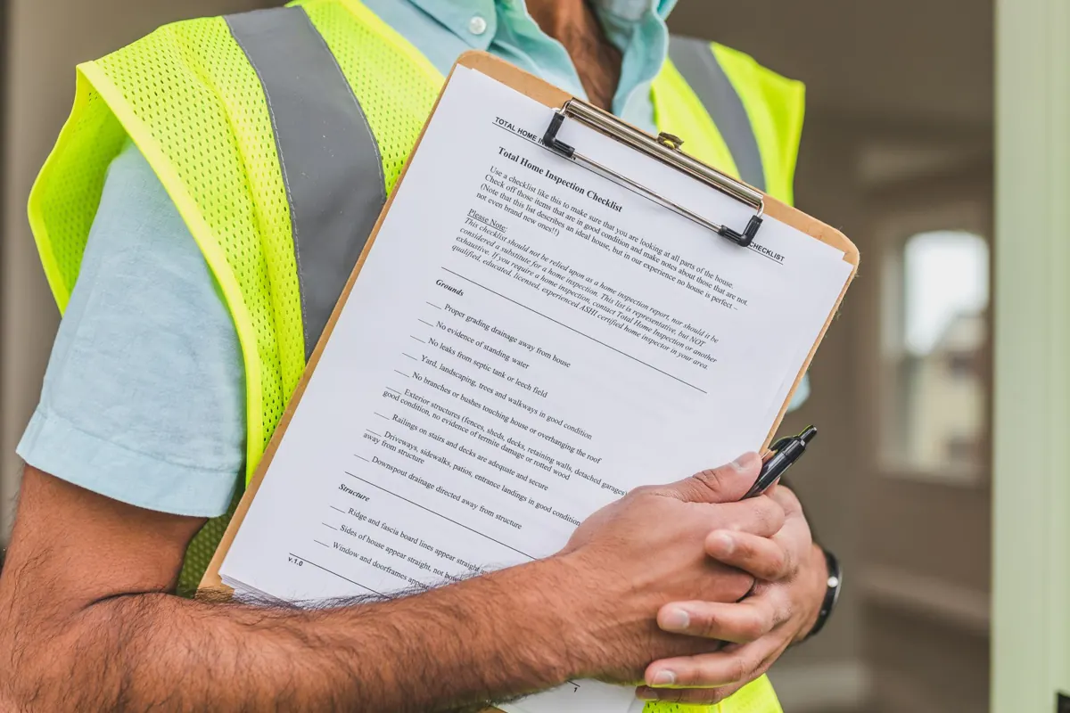 Prüfer hält ein Klemmbrett mit Checkliste in der Hand